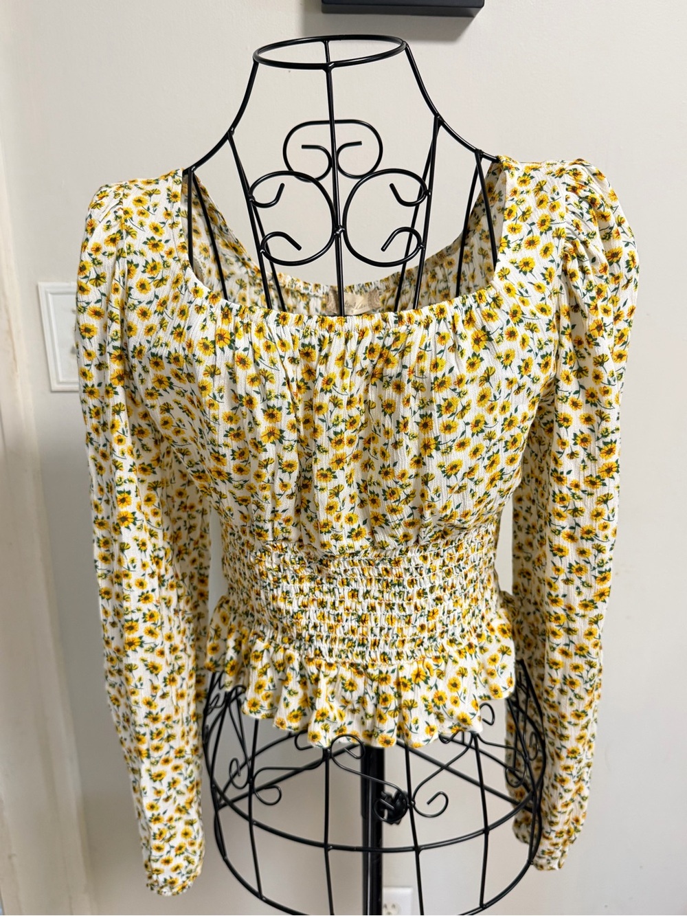 Altar’d State Floral Smocked Waist Long Sleeve Top - Yellow size S